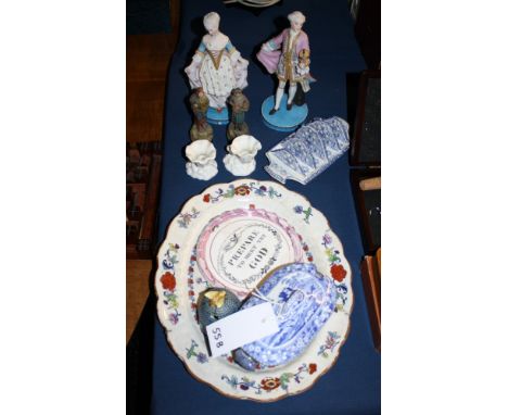 A Sunderland lustre plaque, pearlware toastrack, pair of small Worcester vases etc.