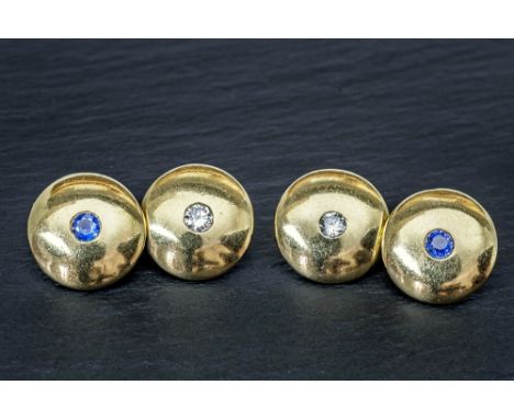 A pair of Theo Fennell 18ct gold, diamond and sapphire cufflinks London 1989, each with two convex links gypsy set with a bri