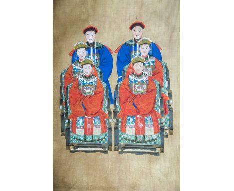 A Chinese watercolour scroll painting 20th century, depicting six seated scholars, overall 74 x 33in. (188 x 84cm.), the pain