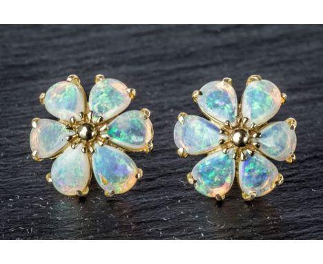 An unusual pair of 14ct gold and opal floral earrings shaped as six petalled flowers with gold detailing and mounts. (2)