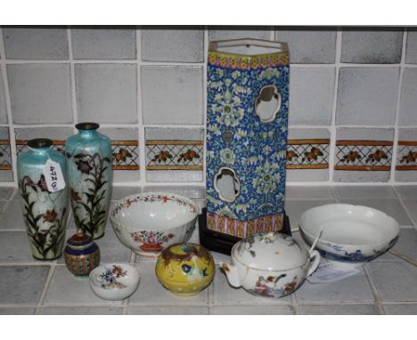 Nine pieces of Oriental porcelain including a 19th century famille rose hexagonal hat stand, converted to a lamp, cracked; a 