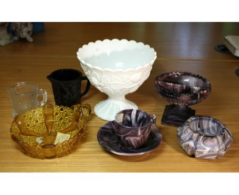 Four pieces of George Richardson pressed glass including a purple malachite twin compartment urn form bon bon dish, 3¼in. (8.