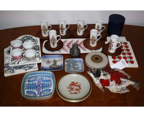 Four Royal Copenhagen dishes and other Scandinavian pottery together with a set of seven Schmid porcelain coffee cans with wo