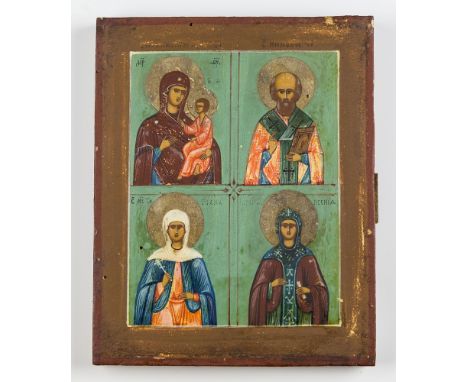A 19th century quartered icon the four images on a light blue ground, all within a brown border and edged with red, 8¾ x 7in.