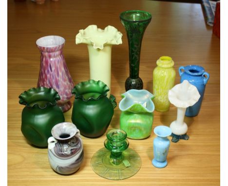 A collection of Victorian and Edwardian glass vases including two studio style pieces, 3½in. to 10¼in. (9cm. to 26cm.) high; 