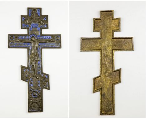 A 19th century finely-cast bronze and enamel Blessing Cross centred with the Crucified Saviour, the reverse foliate engraved 