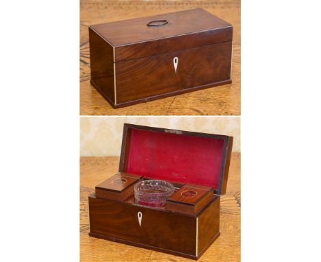 A George III mahogany and partridgewood tea caddy rectangular form with ivory edge stringing and escutcheon, original navette