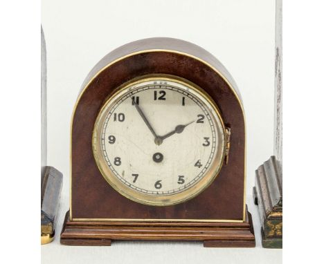 An English Art Deco period ivory strung mahogany table clock 1920s-30s, arched case with silvered Arabic dial, 4.5in. (11.5cm