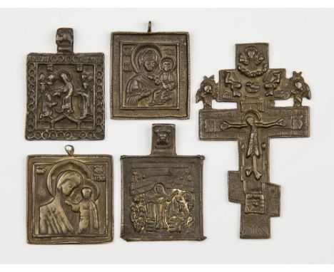 A miniature bronze Orthodox blessing cross and four miniature bronze plaques each in typical iconic form, two showing the Hol