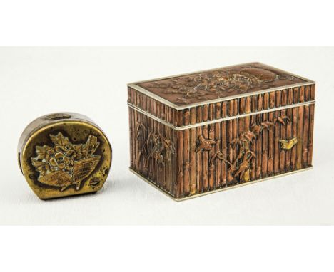 A Japanese mixed metal box Meiji period, in copper and bronze with traces of gilding to the exterior, the cover with a prunus