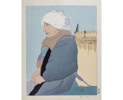 Paul Jacoulet (French, 1902-1960) 'Vieille Marohande de Carpes, Ibaraki, Japon', (The Old Carp Seller, Ibaraki, Japan), woodb