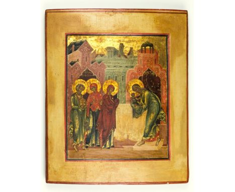 A 19th century icon of The Presentation of The Mother Of God into the Temple the well defined figures with partially gilded r