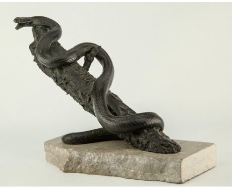 A patinated bronze figure of a snake coiled on a branch 20th century, dark green patination, on a polished stone base, the br