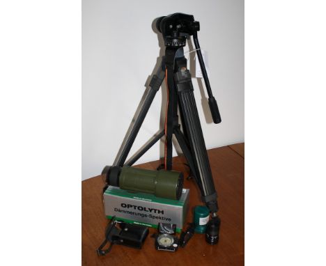 An Optolyth TB80 field telescope boxed, together with a Bilora Pro 930 tripod and a cased Steigung sighting compass with clin