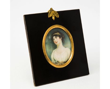 English School, 19th century Portrait miniature of a Lady watercolour on ivory in ebonised papier-mâché frame 3 x 2¼in. (6.5 