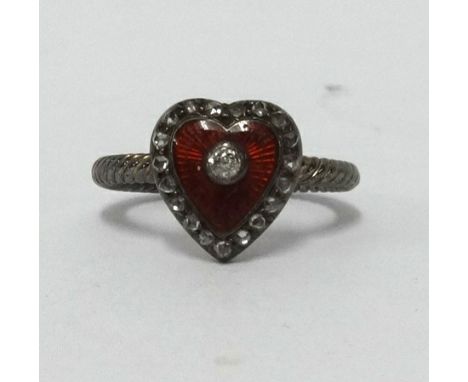 Victorian diamond and enamel heart token ring, 12mm x 11mm overall dimesion of opening heart with centre off round old brilli