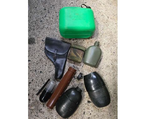 CARTON WITH MISC PLASTIC MILITARY WATER BOTTLES, BLACK LEATHER HOLSTER, GREEN PETROL CAN  &amp; A POUCH WITH BANDAGES