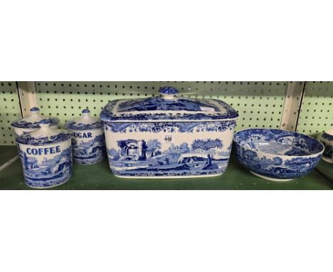 SPODE BREAD BIN &amp; COFFEE, SUGAR &amp; TEA CANISTERS &amp; A COPELAND BOWL