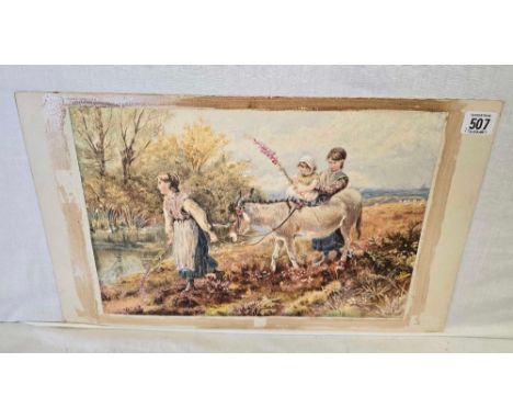 19THC WATERCOLOUR OF TWO GIRLS WITH BABY AND DONKEY IN A RIVER LANDSCAPE, SIGNED M WISH, DATED 1875, 11 X 15'' UNFRAMED.