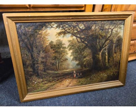 GILT FRAMED OIL PAINTING OF CHILDREN  IN A WOODLAND SCENE A/F &amp; A GILT F/G WATERCOLOUR OF A THATCHED HUT SCENE WITH A WOM