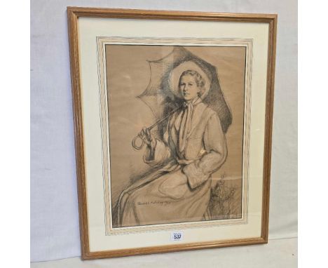 EDWARD I HALLIDAY; A PORTRAIT IN CHARCOAL AND CHALK OF A LADY SEATED WITH AN UMBRELLA, SIGNED &amp; DATED  23'' X 19''
