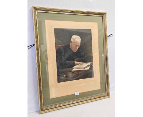 OIL PAINTING ON CANVAS LAID DOWN OF A GENTLEMAN READING AT A DESK, INDISTINCT SIGNATURE AND INSCRIPTION ON THE MOUNT     26''