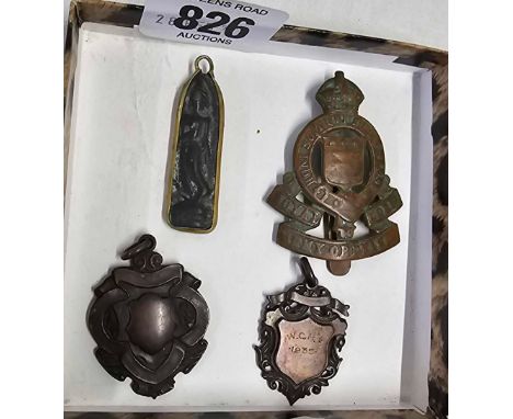 BRITISH ARMY ORDNANCE CAP BADGE, TWO FOBS &amp; ORIENTAL PENDANT