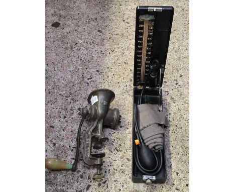 VINTAGE CAST IRON MEAT MINCER &amp; A  VINTAGE BLOOD PRESSURE GAUGE