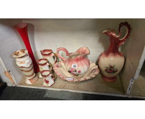 SHELF WITH WATER BASIN &amp; JUG &amp; GRADUATED JUGS &amp; VASES