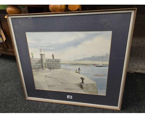 F/G TAPESTRY STILL LIFE VIOLIN PICTURE &amp; A F/G WATERCOLOUR OF FISHERMAN IN A HARBOUR SCENE