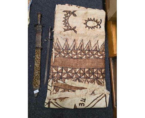 KASKARA SWORD SEIZED IN SCABBARD, AN OLD RELIC BAYONET &amp; A HAND DYED AFRICAN BATIK FEATURE