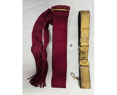 BRITISH ARMY OFFICERS MAROON WAIST SASH &amp; AN OFFICERS ARTILLERY SWORD BELT, NO STRAPS