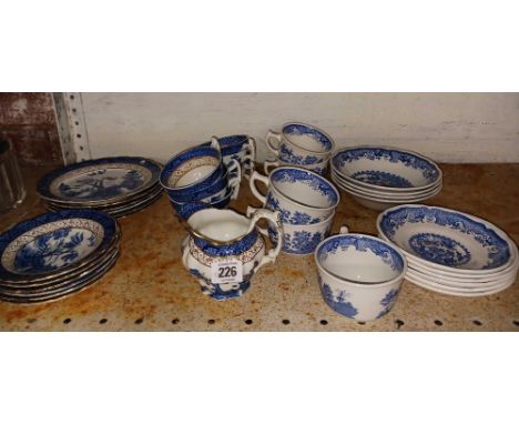 SHELF WITH QTY OF BLUE &amp; WHITE MASONS CUPS &amp; SAUCERS &amp; BOOTHS OLD WILLOW PATTERN CHINA