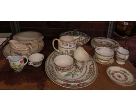 SHELF WITH SMALL QTY OF JOHNSON INDIAN TREE  TABLEWARE, 5 PIECES OF COPELAND SPODE &amp; OTHER CHINA