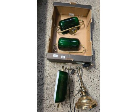 CARTON WITH 2 BANKERS GREEN GLASS WALL LIGHTS &amp; 1 DESK LAMP - MINUS GREEN SHADE