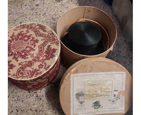 2 VINTAGE HAT BOXES, 1 CONTAINING A BLACK TOP HAT BY CHRISTIES OF LONDON