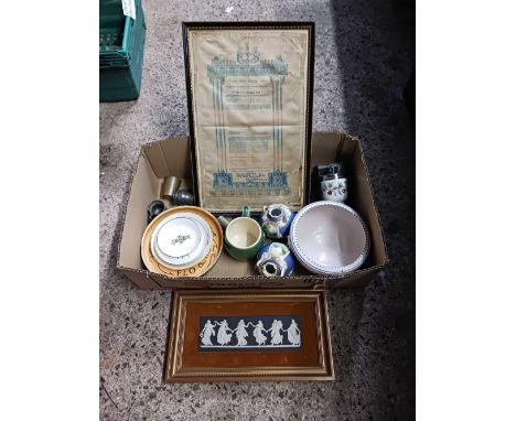 CARTON WITH MISC CHINAWARE, A PICTURE, A FRAMED WEDGWOOD PLAQUE DANCING FIGURES &amp; A POOLE BOWL