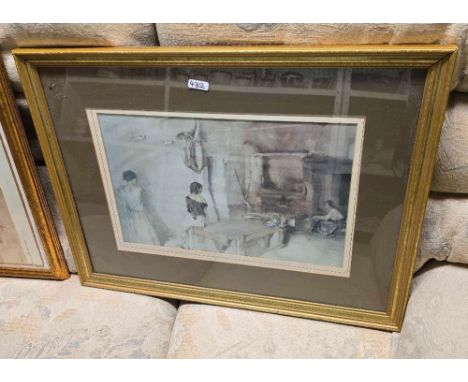 F/G CAT PICTURE WITH KITTENS, AN OIL PAINTING BY T MORRIS '71 OF A VILLAGE SCENE &amp; A F/G SCULLERY SCENE 