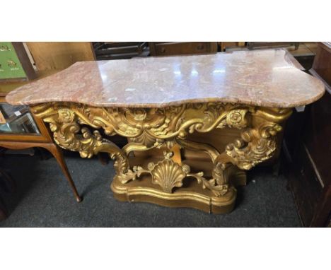 DECORATIVE PAINTED GOLD CARVED MARBLE TOP CONSOLE TABLE