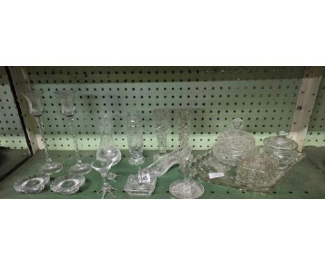 SHELF OF GLASSWARE INCL; GLASS SLIPPER, DRESSING TABLE SET, VASES ETC