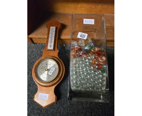 GLASS VASE, MARBLES &amp; A BAROMETER