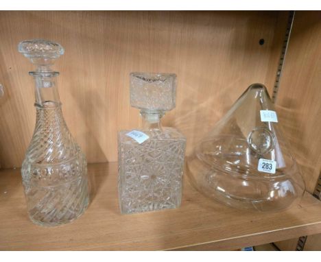 2 DECANTERS &amp; STOPPERS &amp; A GLASS LAMP SHADE