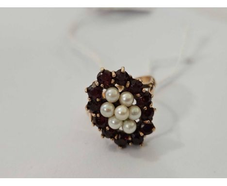 PEARL &amp; GARNET RING, SIZE 'K' 3.8g IN FANCY METAL RING BOX