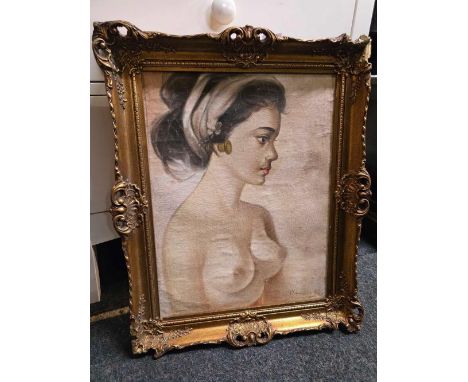 GILT FRAMED OIL PAINTING OF A BUST LENGTH PORTRAIT OF  YOUNG WOMAN