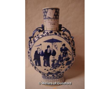 A Chinese moon flask decorated with firgures holding umbrellas, 28cm.