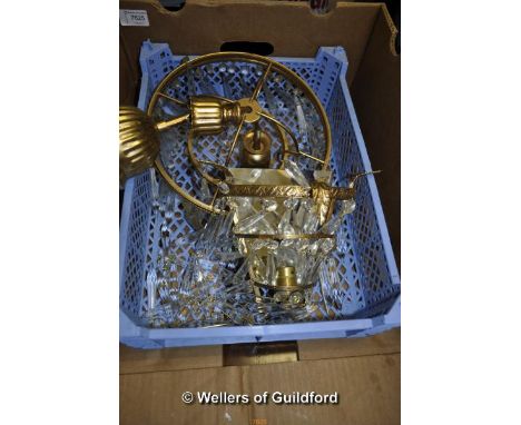 Light fittings including a chandelier and matching wall lights, a table lamp, two mottled glass hanging lamps.