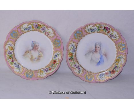 A pair of Continental porcelain plates, central cartouche decorated with a portrait presumed to be Mme de Parabere and de Bou