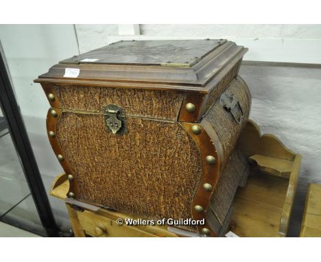 An Art Deco log box, 42cm; a firescreen with parquetry panel of a tall ship.