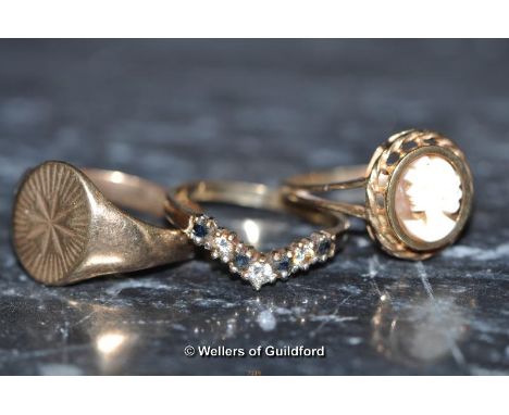 Three 9ct rings; 9ct portrait cameo ring, 9ct engraved signet ring and 9ct diamond and sapphire half eternity ring, 5.4g