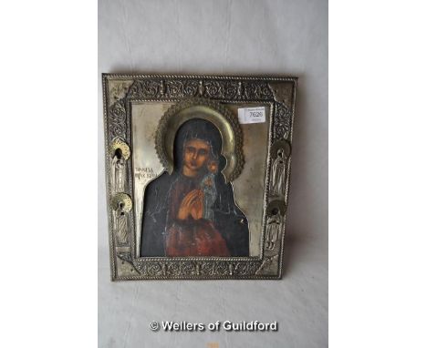 A Russian icon with white metal frame, portrait of Madonna and child, 31 x 27cm overall.